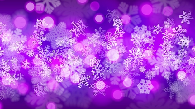 Fundo de Natal com flocos de neve grandes e pequenos com efeito bokeh, nas cores roxas