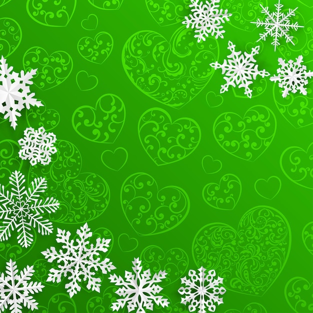 Fundo de natal com flocos de neve no fundo dos corações em cores verdes