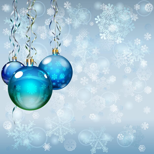 Fundo de Natal com flocos de neve, várias bolas de Natal e serpentinas