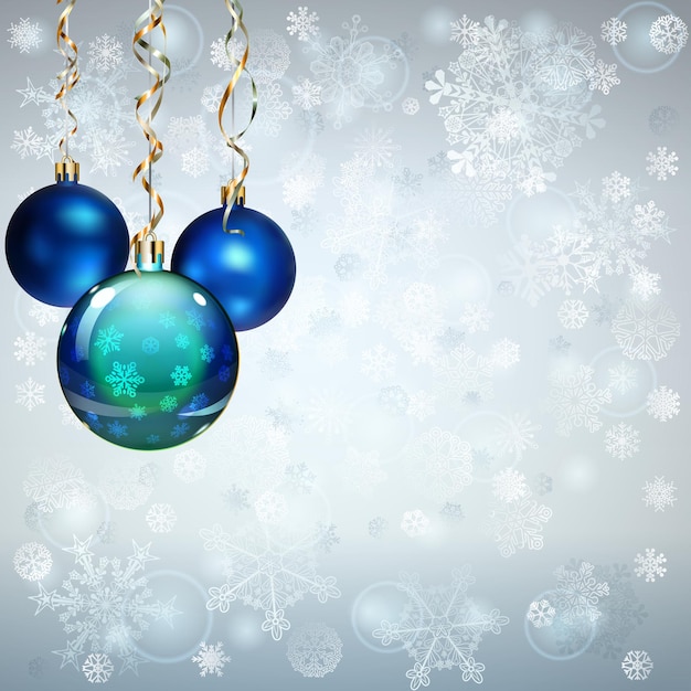 Fundo de Natal com flocos de neve, várias bolas de Natal e serpentinas