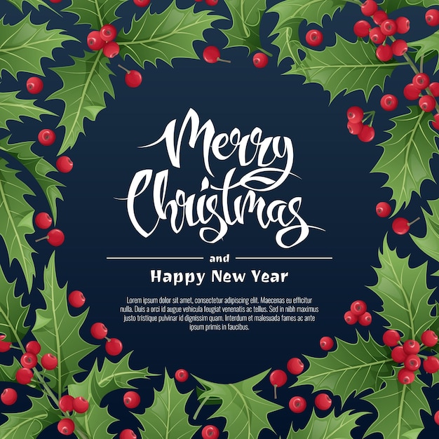 Fundo de natal com galhos de azevinhofolheto de cartão postal de banner com folhas e bagas para decoração de férias