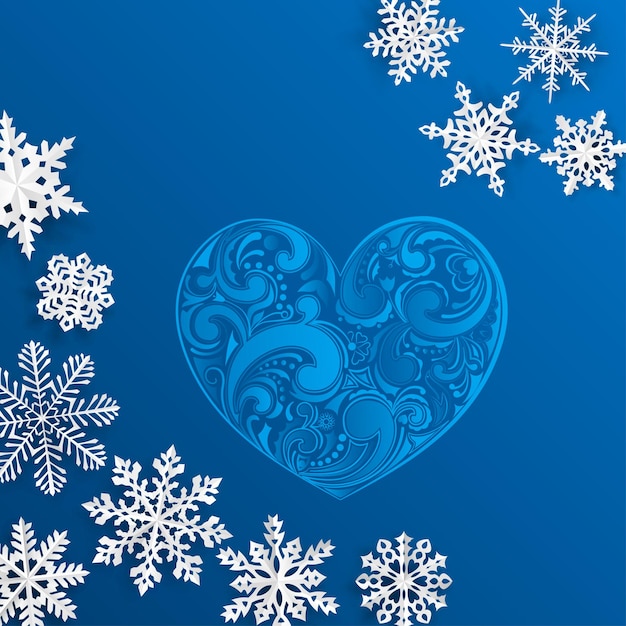 Fundo de Natal com grande coração e flocos de neve em fundo azul claro