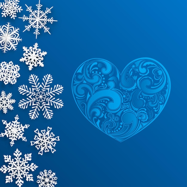 Fundo de Natal com grande coração e flocos de neve em fundo azul