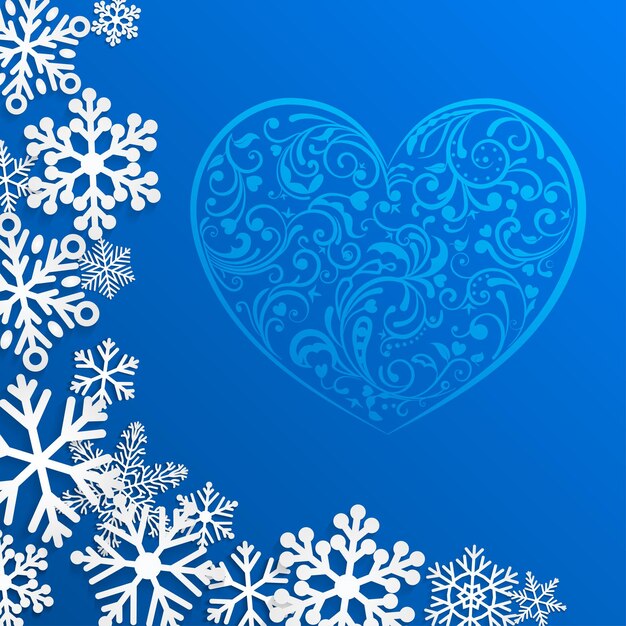 Fundo de Natal com grande coração e flocos de neve em fundo azul