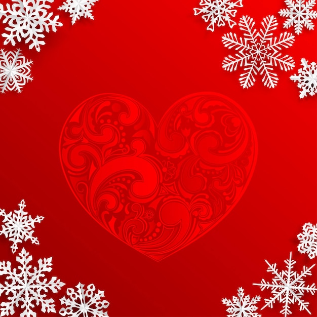 Fundo de Natal com grande coração e flocos de neve em fundo vermelho
