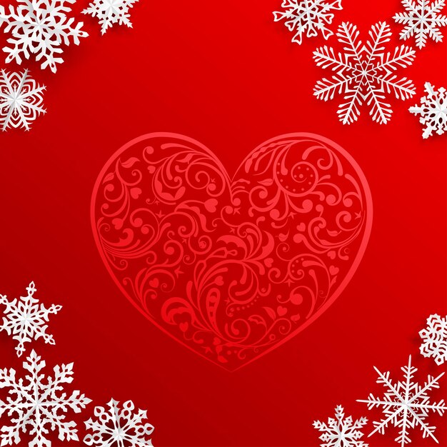 Fundo de Natal com grande coração e flocos de neve em fundo vermelho