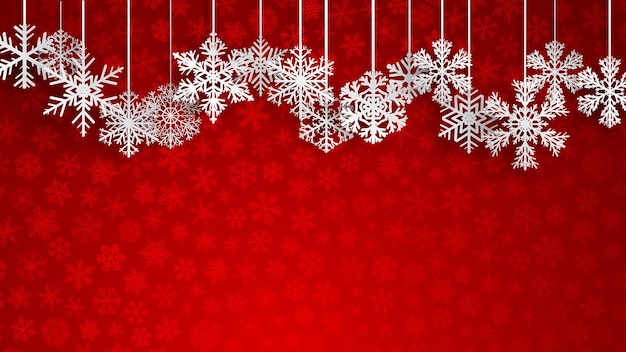 Fundo de natal com grandes flocos de neve brancos pendurados no fundo vermelho de pequenos flocos de neve ilustração vetorial de natal de lindos flocos de neve grandes e pequenos flocos de neve pendurados nas cordas