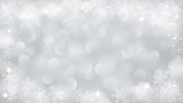 Fundo de natal com moldura de flocos de neve em forma de elipce em cores brancas e com efeito bokeh