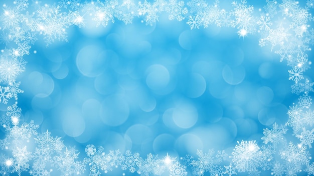 Fundo de natal com moldura de flocos de neve em forma de elipse nas cores azuis e com efeito bokeh