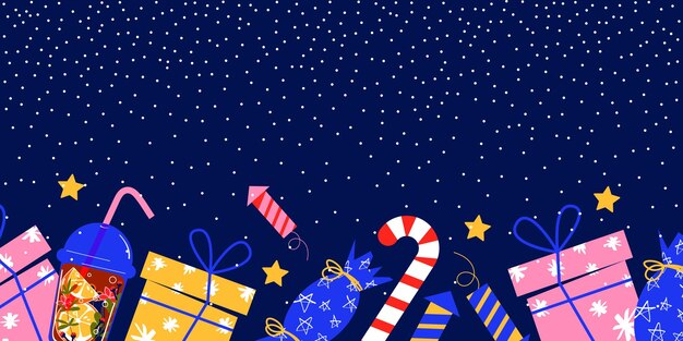 Fundo de natal com presentes e neve em uma ilustração vetorial de fundo azul do ano novo