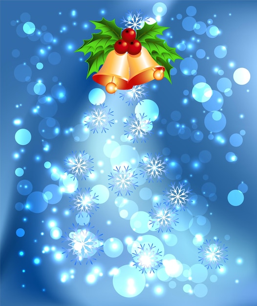 Fundo de natal com sinos dourados, bagas de azevinho, floco de neve, estrelas cintilantes e boke brilhante