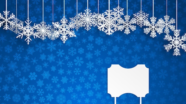 Fundo de natal com um sinal em branco e flocos de neve pendurados em fundo azul de pequenos flocos de neve ilustração de natal com flocos de neve e placa vazia