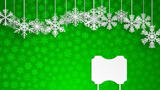 Vetor fundo de natal com um sinal em branco e flocos de neve pendurados em fundo verde de pequenos flocos de neve ilustração de natal com flocos de neve e placa vazia