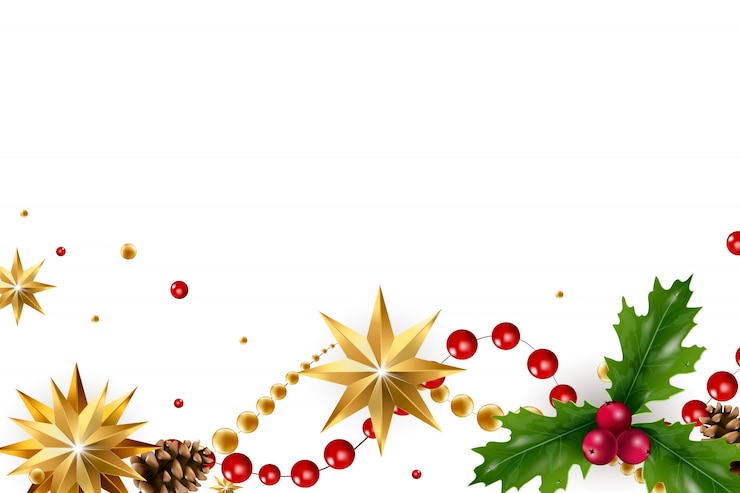 Vetor fundo de natal com uma composição de elementos festivos como estrela dourada, bagas, decorações para a árvore de natal, galhos de pinheiro. cartão de natal chique. feliz natal e feliz ano novo.