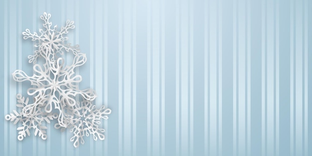 Vetor fundo de natal com vários flocos de neve de papel com sombras suaves em fundo listrado de azul claro