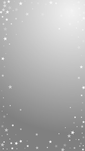 Fundo de natal de estrelas cadentes aleatórias. flocos de neve voando sutis e estrelas em fundo cinza. modelo de sobreposição de floco de neve de prata de inverno real. ilustração vertical radiante.