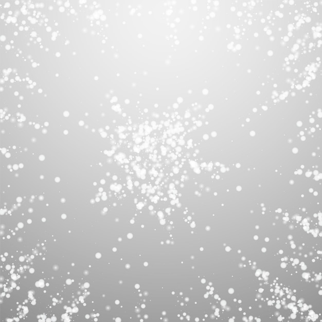 Fundo de natal de neve caindo incrível. flocos de neve voando sutis e estrelas no fundo cinza claro. modelo de sobreposição de floco de neve de prata de inverno real. ilustração vetorial viva.