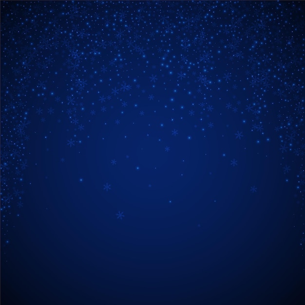 Fundo de natal de neve linda e brilhante. flocos de neve voando sutis e estrelas sobre fundo azul escuro à noite. modelo de sobreposição de floco de neve de prata de inverno admirável. ilustração vetorial eminente.