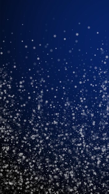 Fundo de natal de queda de neve linda. flocos de neve voando sutis e estrelas sobre fundo azul escuro. modelo de sobreposição de floco de neve de prata incrível de inverno. excelente ilustração vertical.