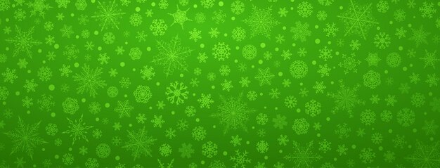 Vetor fundo de natal de vários flocos de neve grandes e pequenos complexos em cores verdes