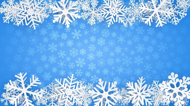 Fundo de natal em cores azuis claras com flocos de neve brancos