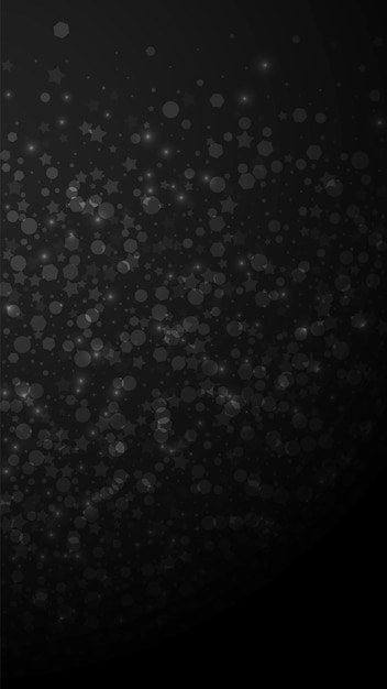 Fundo de Natal esparso de estrelas mágicas. Flocos de neve voando sutis e estrelas em fundo preto. Divertido modelo de sobreposição de floco de neve de prata. Ilustração vertical chique.