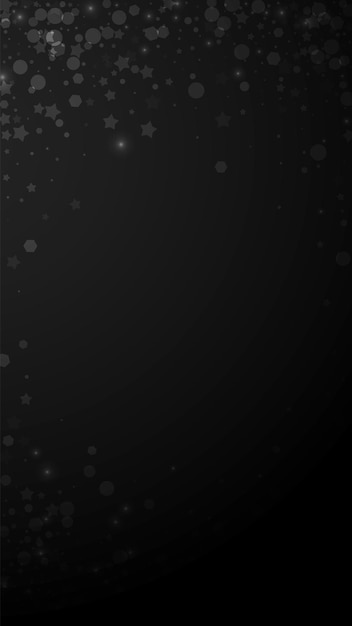 Vetor fundo de natal esparso de estrelas mágicas. flocos de neve voando sutis e estrelas em fundo preto. modelo de sobreposição de floco de neve de prata de inverno admirável. ilustração vertical fascinante.