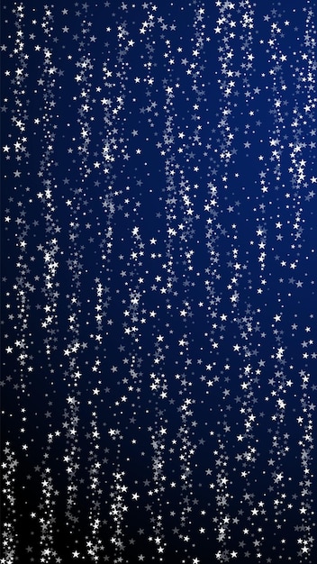 Fundo de Natal incrível de estrelas cadentes. Flocos de neve voando sutis e estrelas sobre fundo azul escuro. Modelo de sobreposição de floco de neve de prata inverno vivo. Ilustração artística vertical.