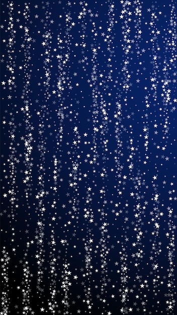 Vetor fundo de natal incrível de estrelas cadentes. flocos de neve voando sutis e estrelas sobre fundo azul escuro. modelo de sobreposição de floco de neve de prata inverno vivo. ilustração artística vertical.