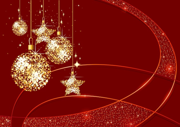 Fundo de Natal moderno vermelho com enfeites de Natal de ouro