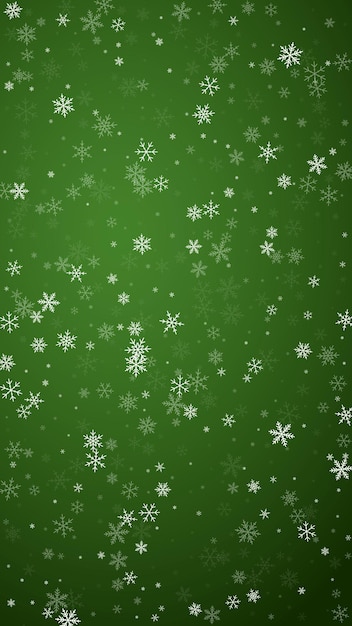 Vetor fundo de natal nevado, flocos de neve voadores sutis e estrelas em fundo verde de natal, delicado, doce, nevado, natal, vertical, vetorial, ilustração