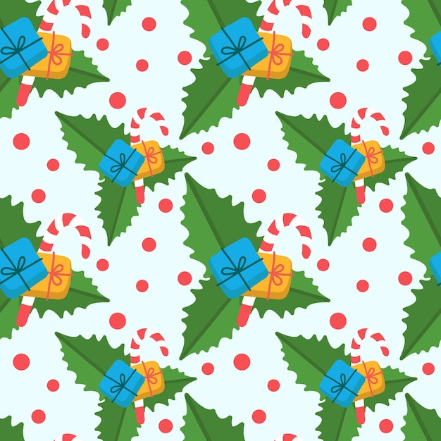 Fundo de natal sem costura vector com folhas de flor de azevinho, presente de ano novo e bastão de doces