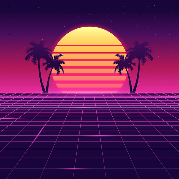 Vetor fundo de néon retrowave brilhante abstrato dos anos 80