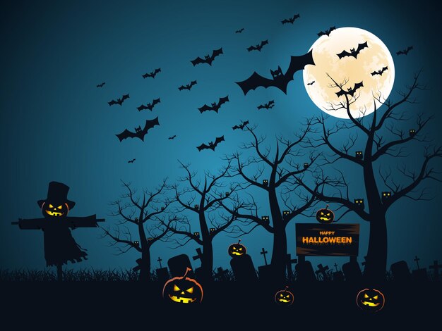 Fundo de noite de Halloween com morcegos de abóbora voando