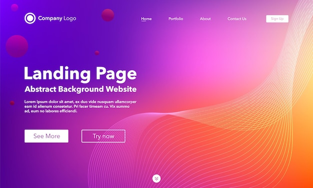 Fundo de onda abstrata gradiente Landing Page. Modelo para sites ou aplicativos. Linha de onda brilhante roxa