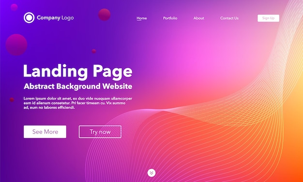 Fundo de onda abstrata gradiente landing page. modelo para sites ou aplicativos. linha de onda brilhante roxa