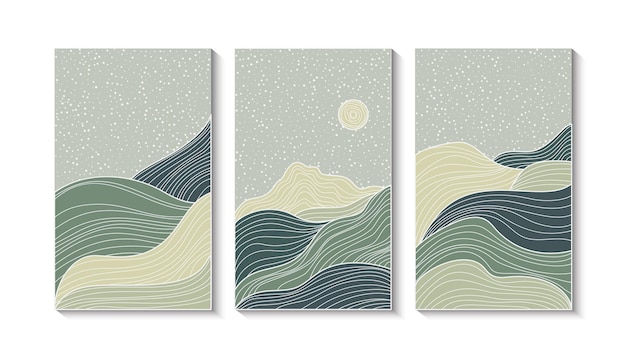 Fundo de paisagem de arte de linha de onda japonesa. padrão de design abstrato montanha banner. cartaz geométrico de ilustração vetorial