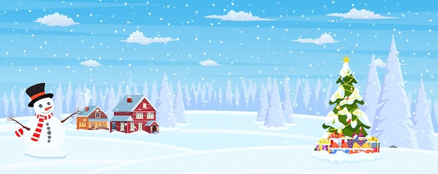 Fundo de paisagem de natal com neve e árvores