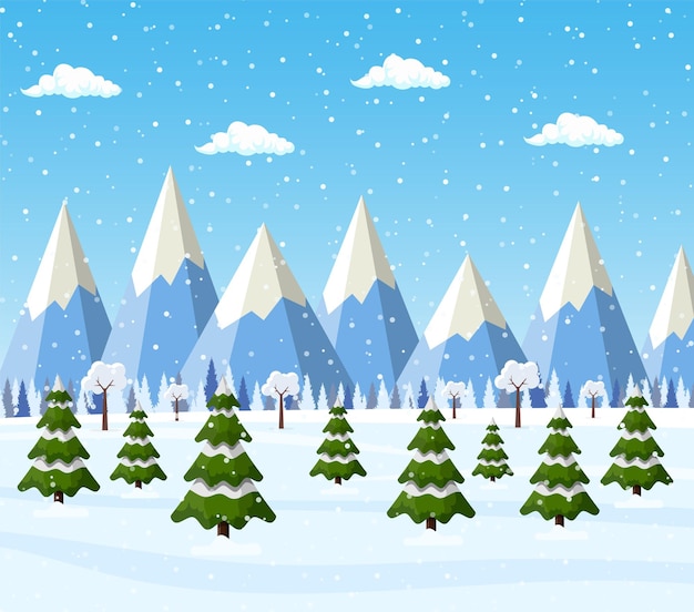 Fundo de paisagem de natal com neve e árvores