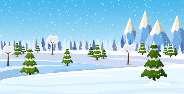 Fundo de paisagem de natal com neve e árvores