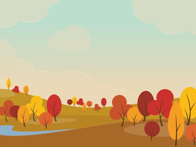 Vetor fundo de paisagem de outono com árvores amarelas em campos e colinas. ilustração vetorial.