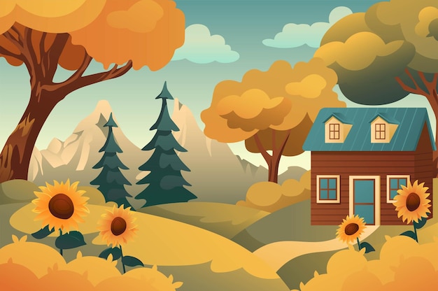 Fundo de paisagem de outono em design de desenho animado A ilustração maravilhosa