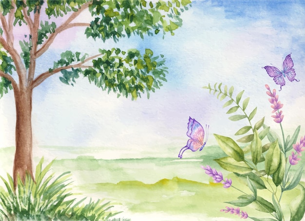 Fundo de paisagem de primavera aquarela com lindas borboletas