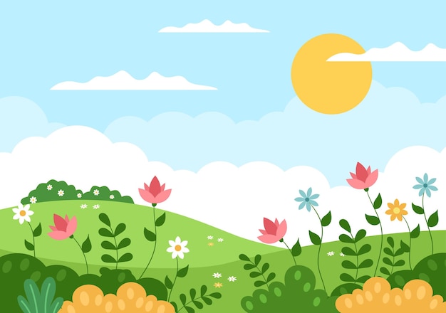 Fundo de paisagem de primavera com temporada de flores, arco-íris e planta para promoções, revistas, publicidade ou sites. ilustração em vetor natureza