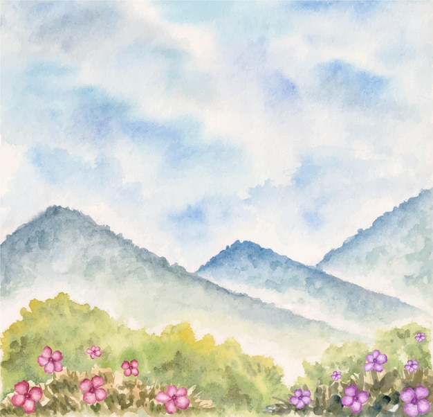 Fundo de paisagem de primavera em aquarela pintado à mão