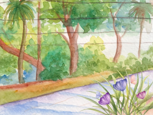 Fundo de paisagem de primavera em aquarela pintado à mão