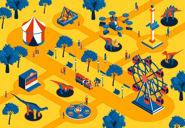 Fundo de parque de diversões com dinossauros e ilustração vetorial isométrica de tenda e roda gigante