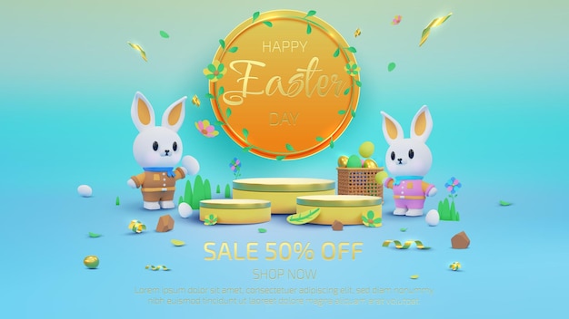 Fundo de Páscoa com suporte de exibição de produtos e dois coelhinhos fofos decorados com ovo de ouro e fita