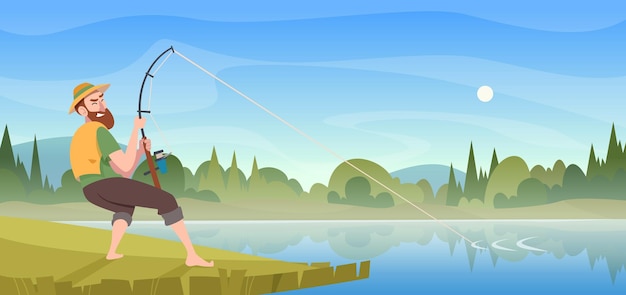 fundo de pesca fundo ao ar livre com pescador pegar peixe grande exato vetor esporte passatempo imagem