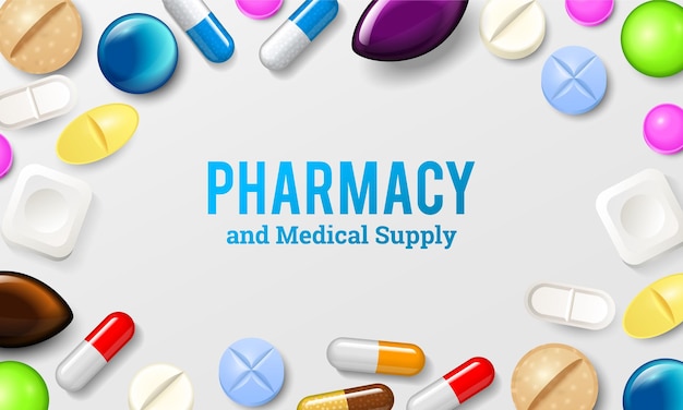 Fundo de pílulas Comprimidos de vitamina para uma boa saúde e medicamentos antibióticos Banner de pôster para o site Cápsulas de analgésicos de farmácia e medicamentos
